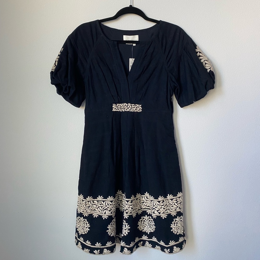 Women Navy Dress with Tan/Crème Embroidery pattern